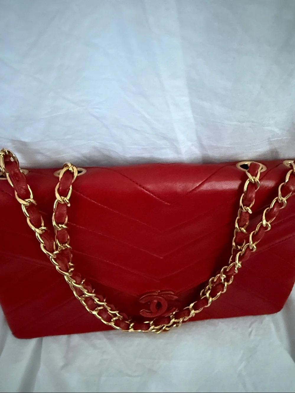 Chanel Red Lambskin Quilted Shoulder Bag